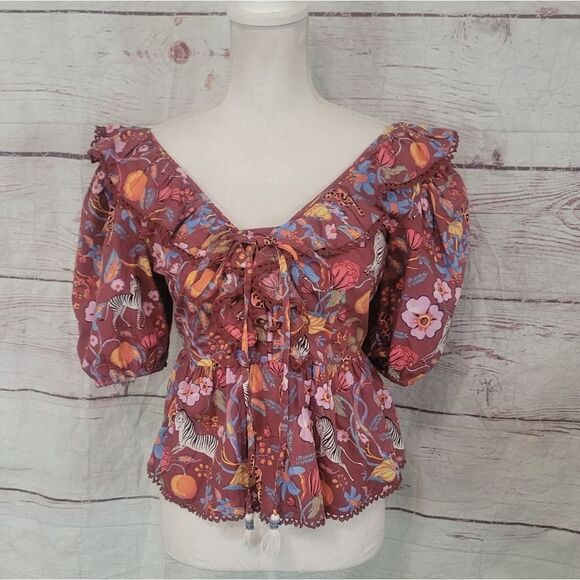 Anthropologie Maeve Ruffled Floral Zebra Print Top Size Small - Picture 3 of 8